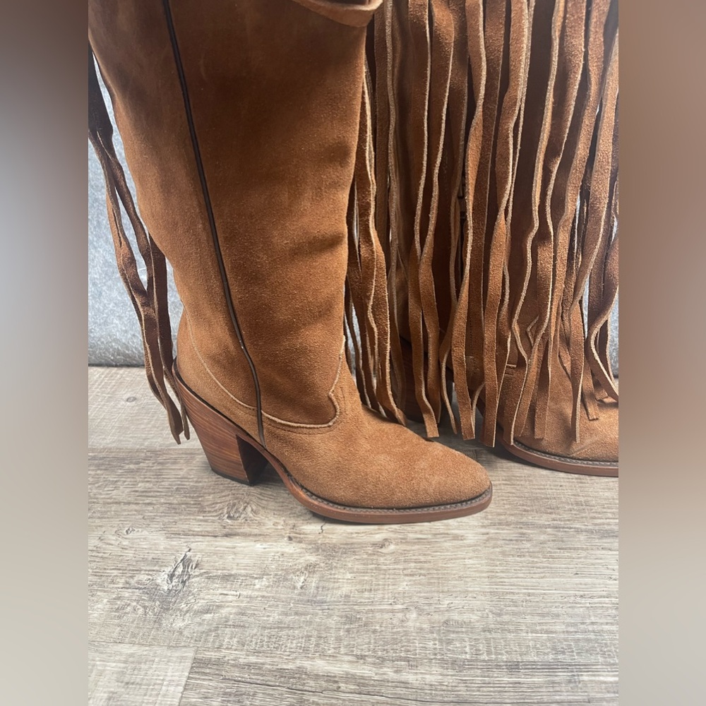 Brother Brown Suede Fringe Heeled Boots - Picture 3 of 14